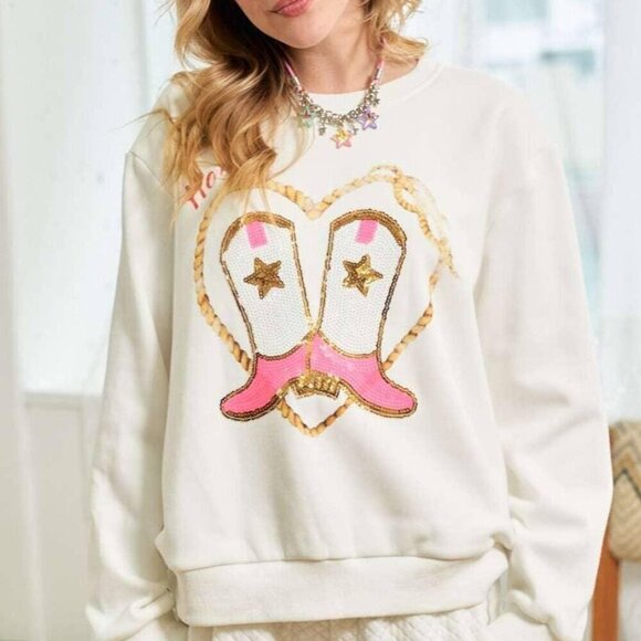 Cowgirl Rope Print With Sequin Boots Sweater - Picture 4 of 8